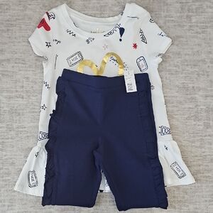 Kate Spade Graphic White Top and Navy Ruffle Leggings